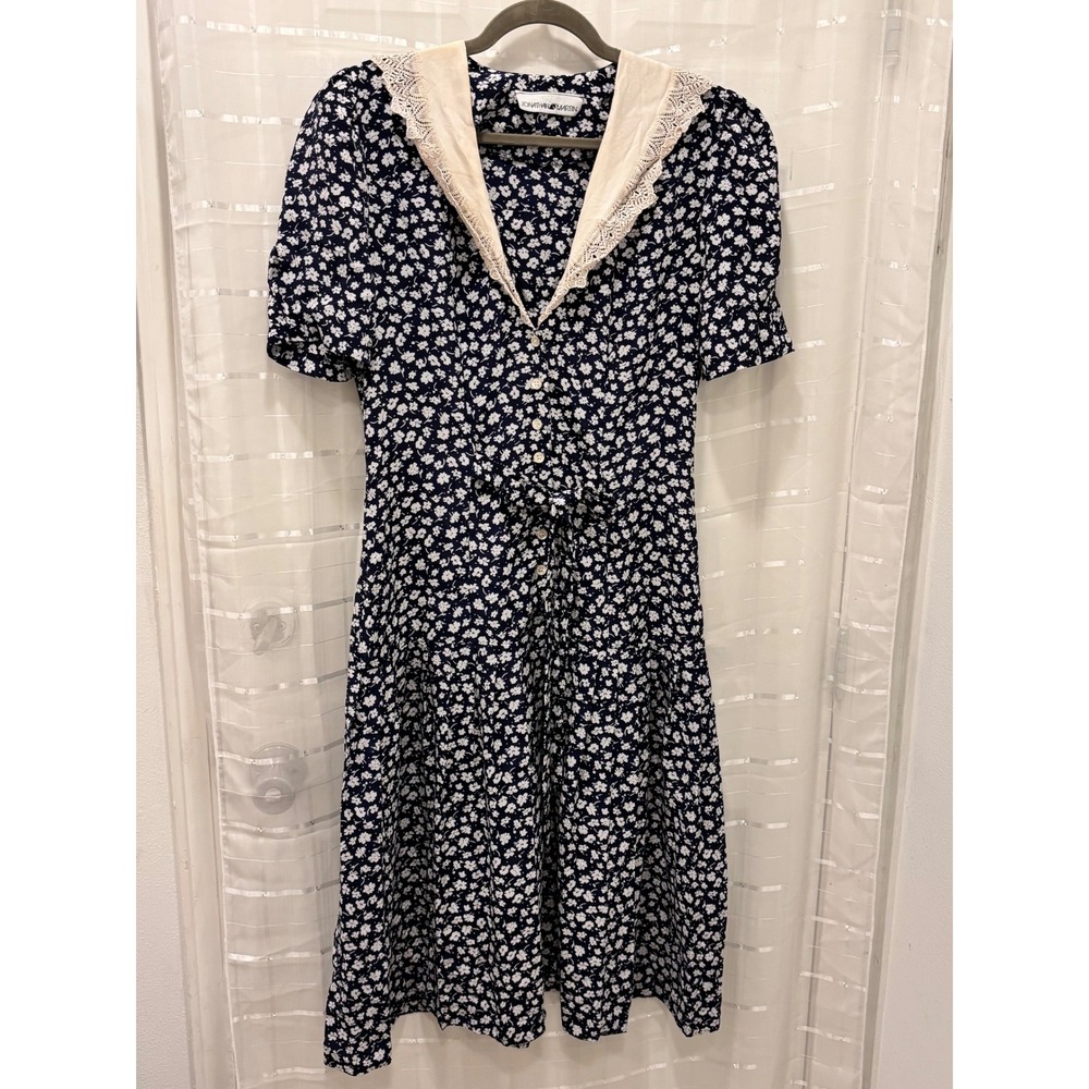 Jonathan Martin Vintage Navy Blue Floral Sailor Collar Lace Trim Button Dress